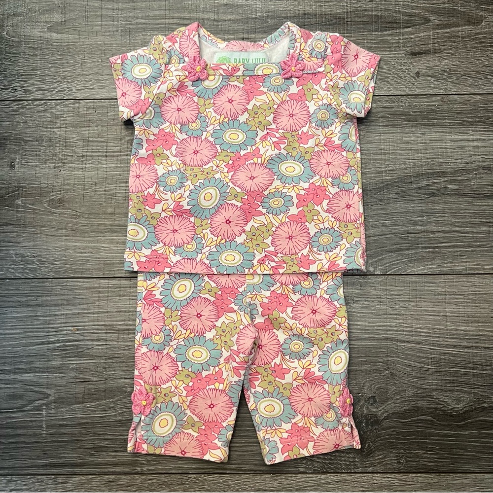 Baby Lulu Girl Pink Floral Print Cotton Top Capri Pant 9M 2pc Short Sleeve